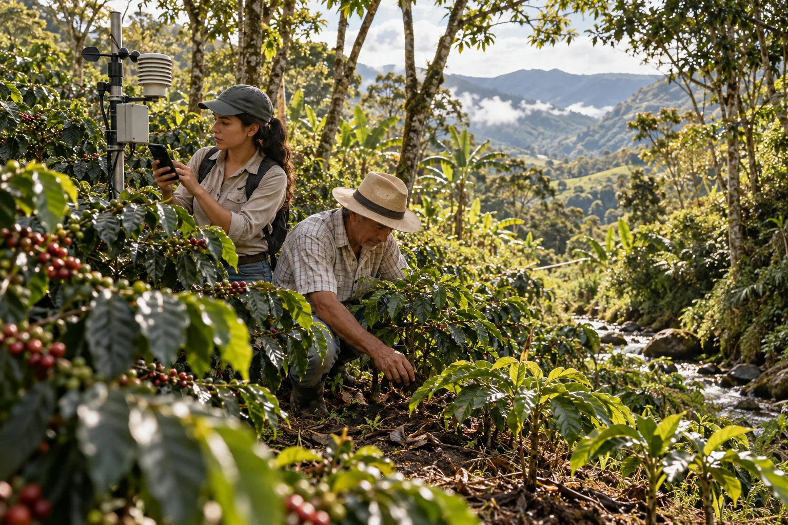 Finca cafetera contemporánea con estación meteorológica y jóvenes productores