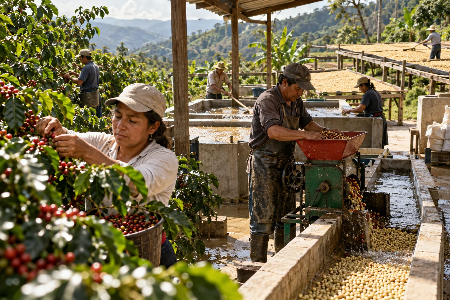 Escena panorámica del proceso del café: cereza, despulpado, secado y tostión