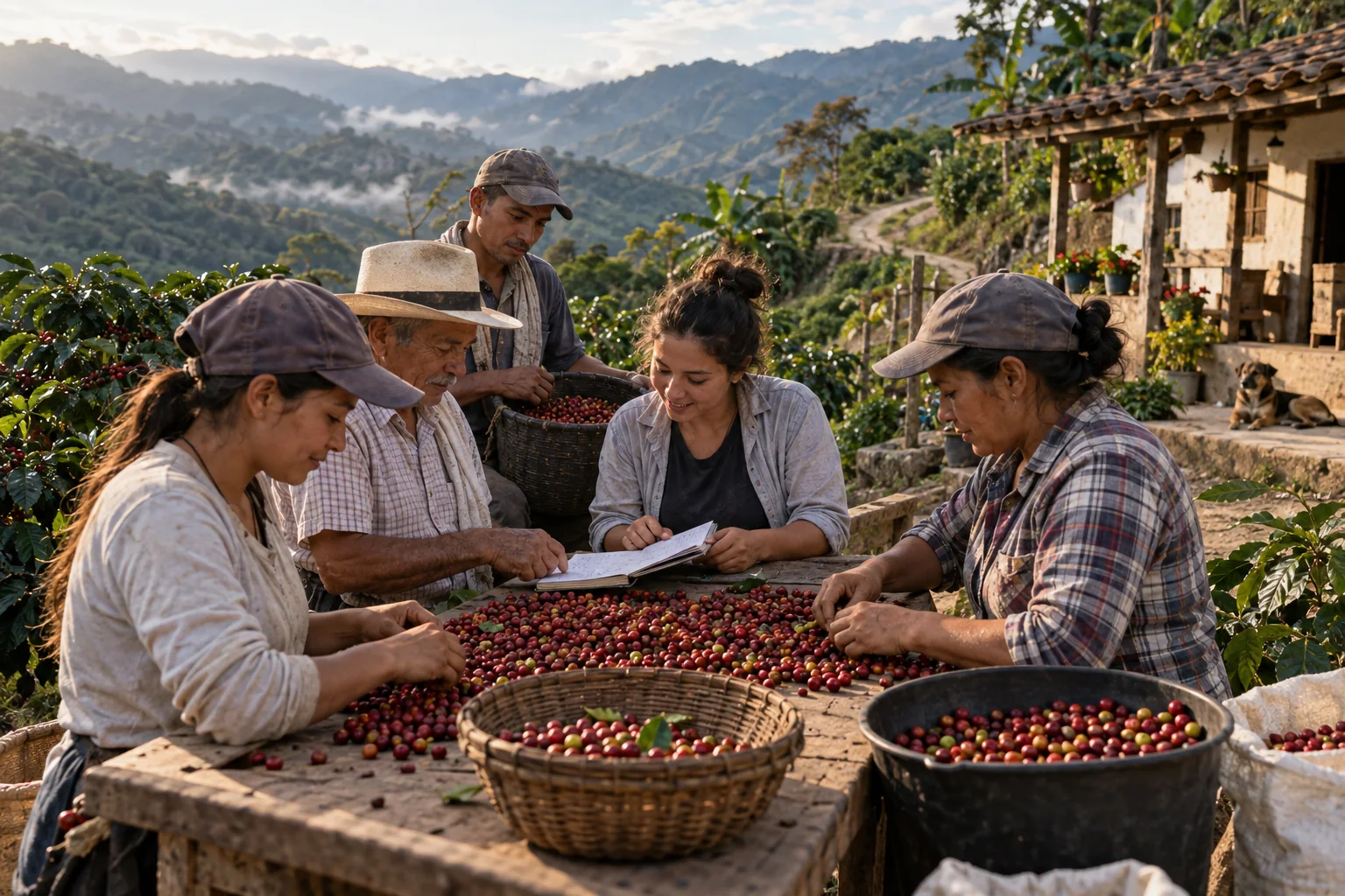 Familia o colectivo cafetero trabajando en una finca colombiana