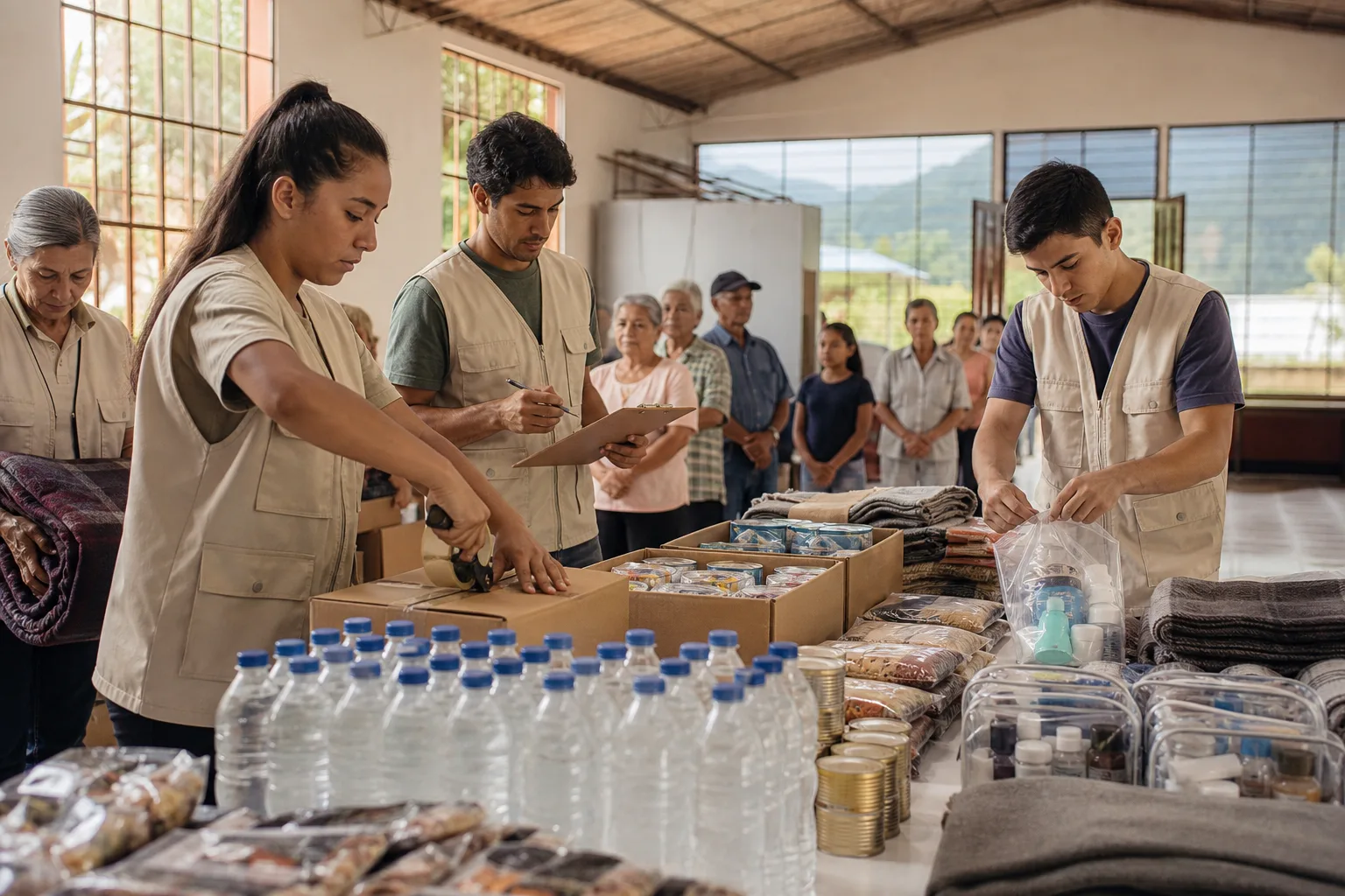 Voluntarios organizan agua, alimentos y cobijas para donación en un centro de acopio