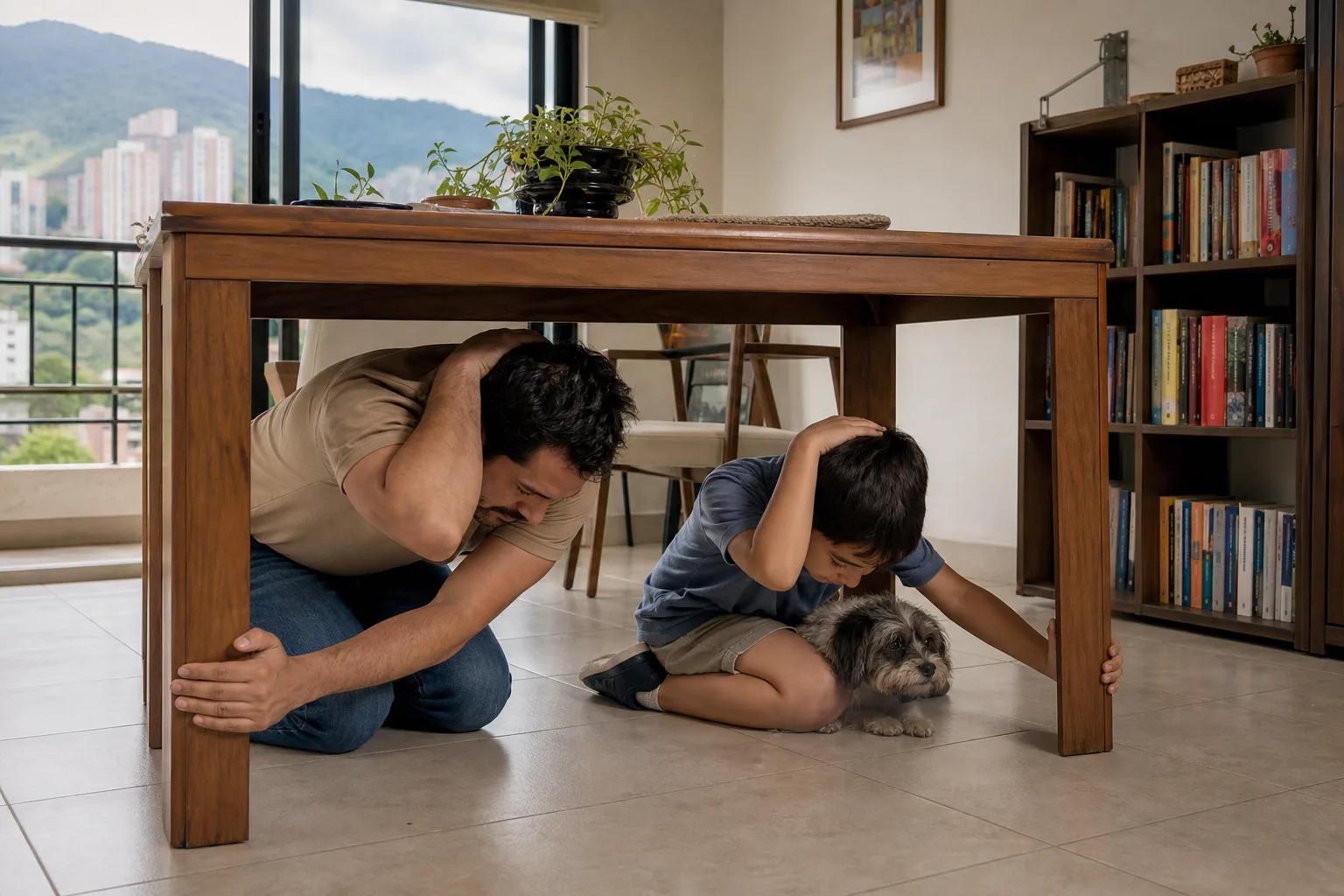 Un padre y su hijo se agachan bajo una mesa junto a su perro