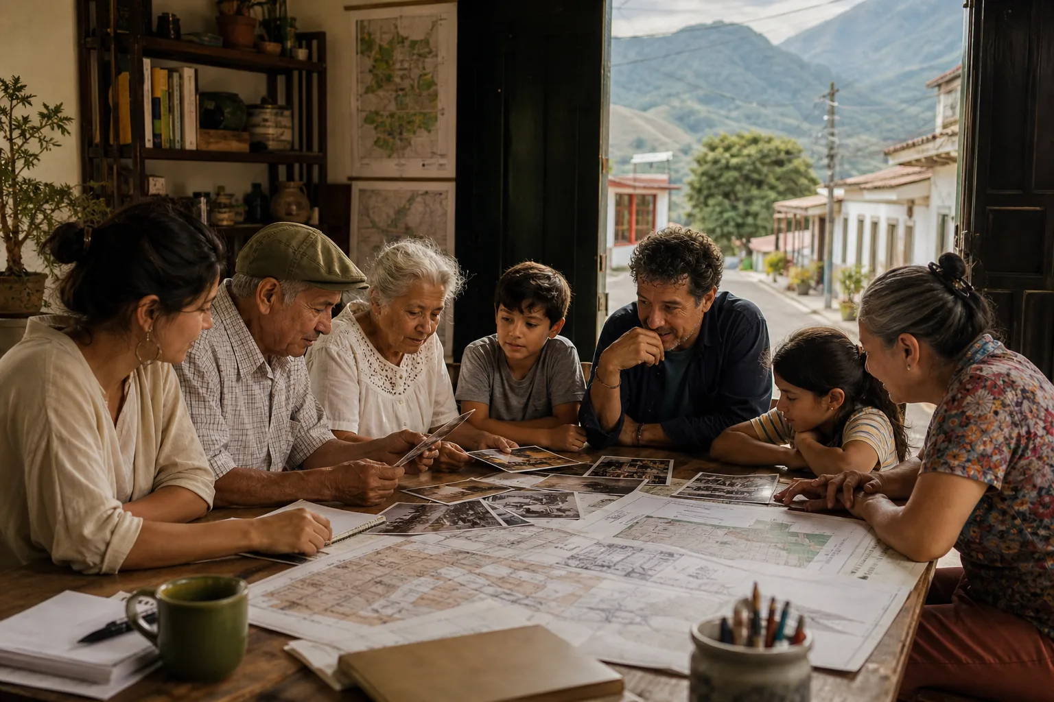 Una familia colombiana de varias generaciones revisa fotografías y mapas antiguos