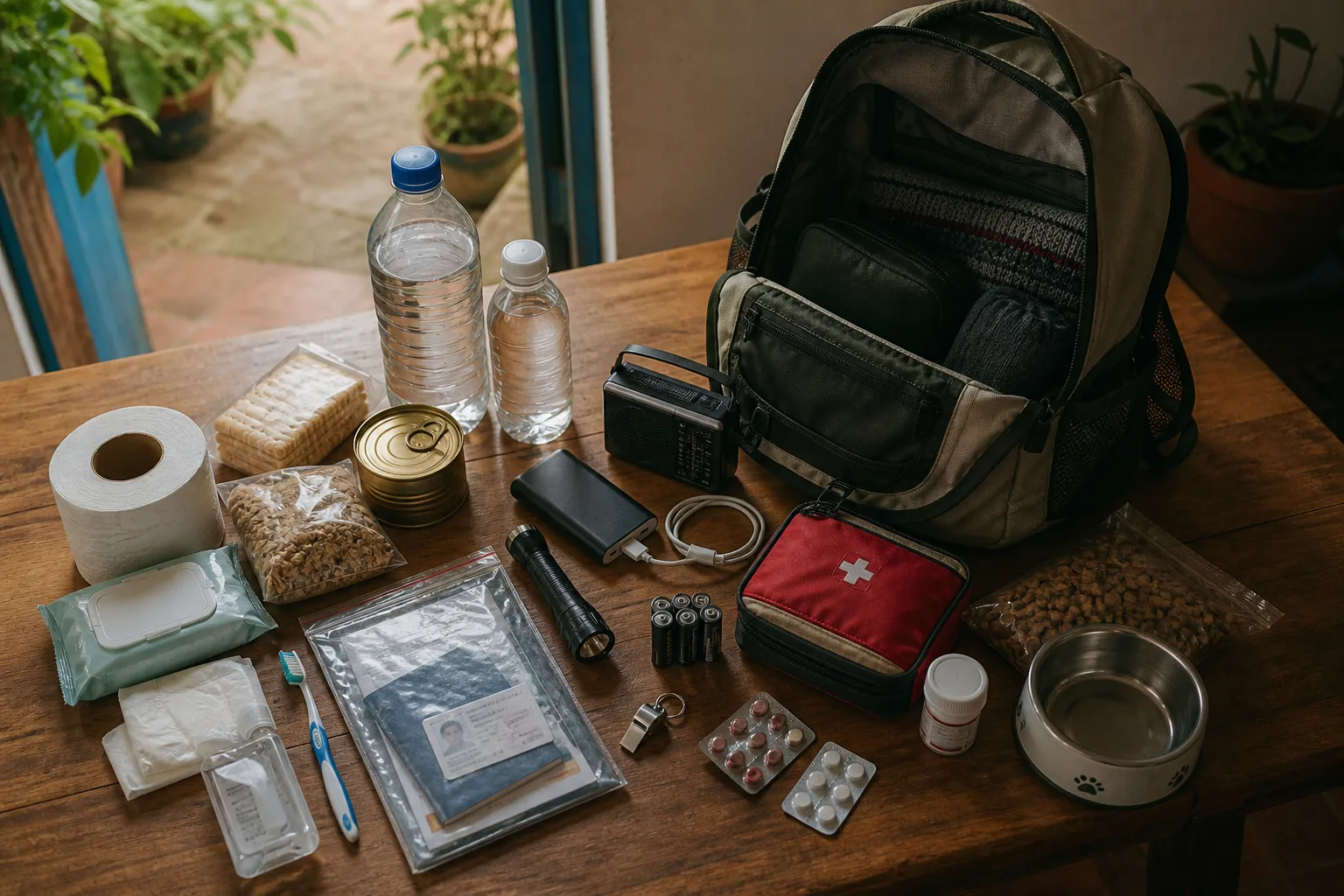 Elementos de una mochila de emergencia sobre una mesa: agua, comida, botiquín, linterna, documentos y comida para mascota