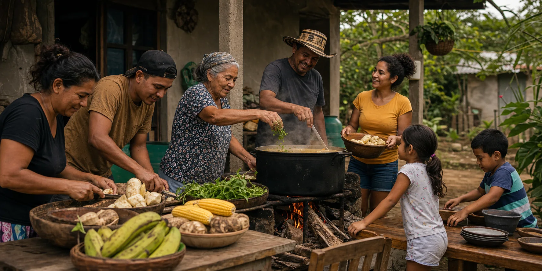 Una familia colombiana prepara un sancocho junta, alrededor del fuego